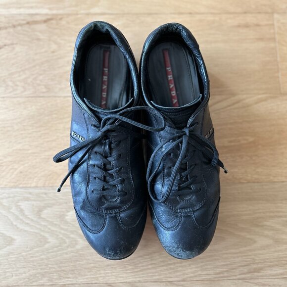 Authentic Prada Black Leather Sneakers 4E2045 Size 7.5 - Picture 1 of 4